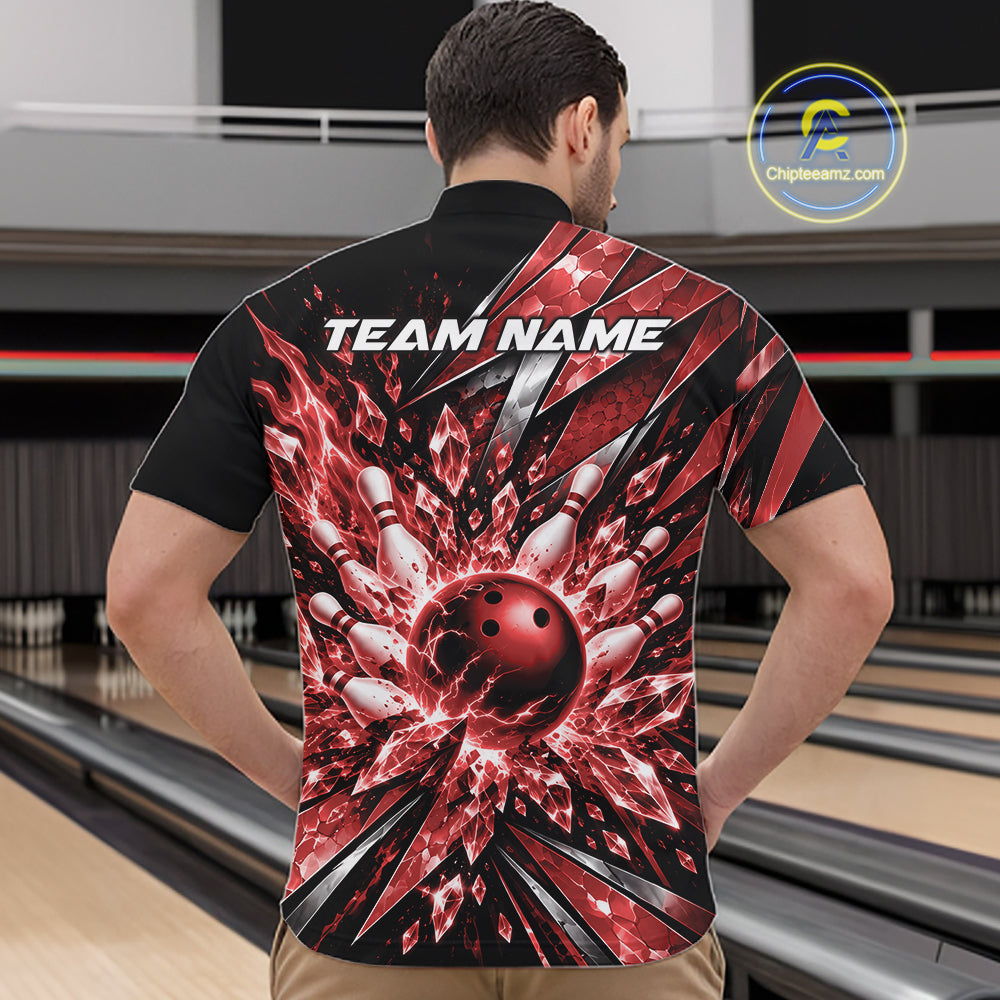 Custom Red Icy Crystal Bowling Men Quarter Zip Shirt, Ice Bowling Team Jersey Bowler Outfit IPHW12393