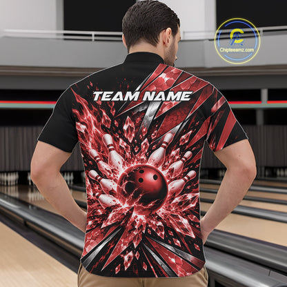 Custom Red Icy Crystal Bowling Men Quarter Zip Shirt, Ice Bowling Team Jersey Bowler Outfit IPHW12393