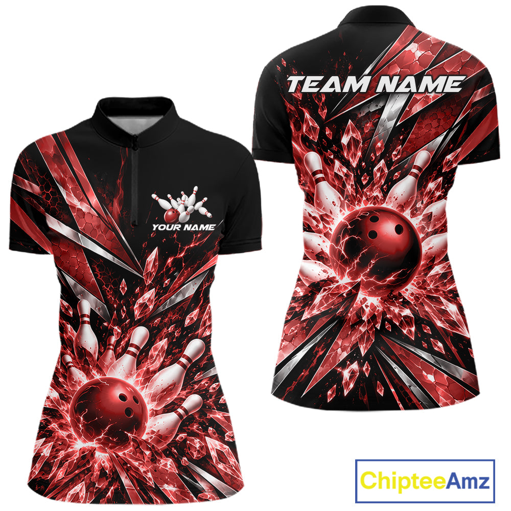 Custom Red Icy Crystal Bowling Women Shirt, Ice Bowling Team Jersey Bowler Outfit IPHW12393