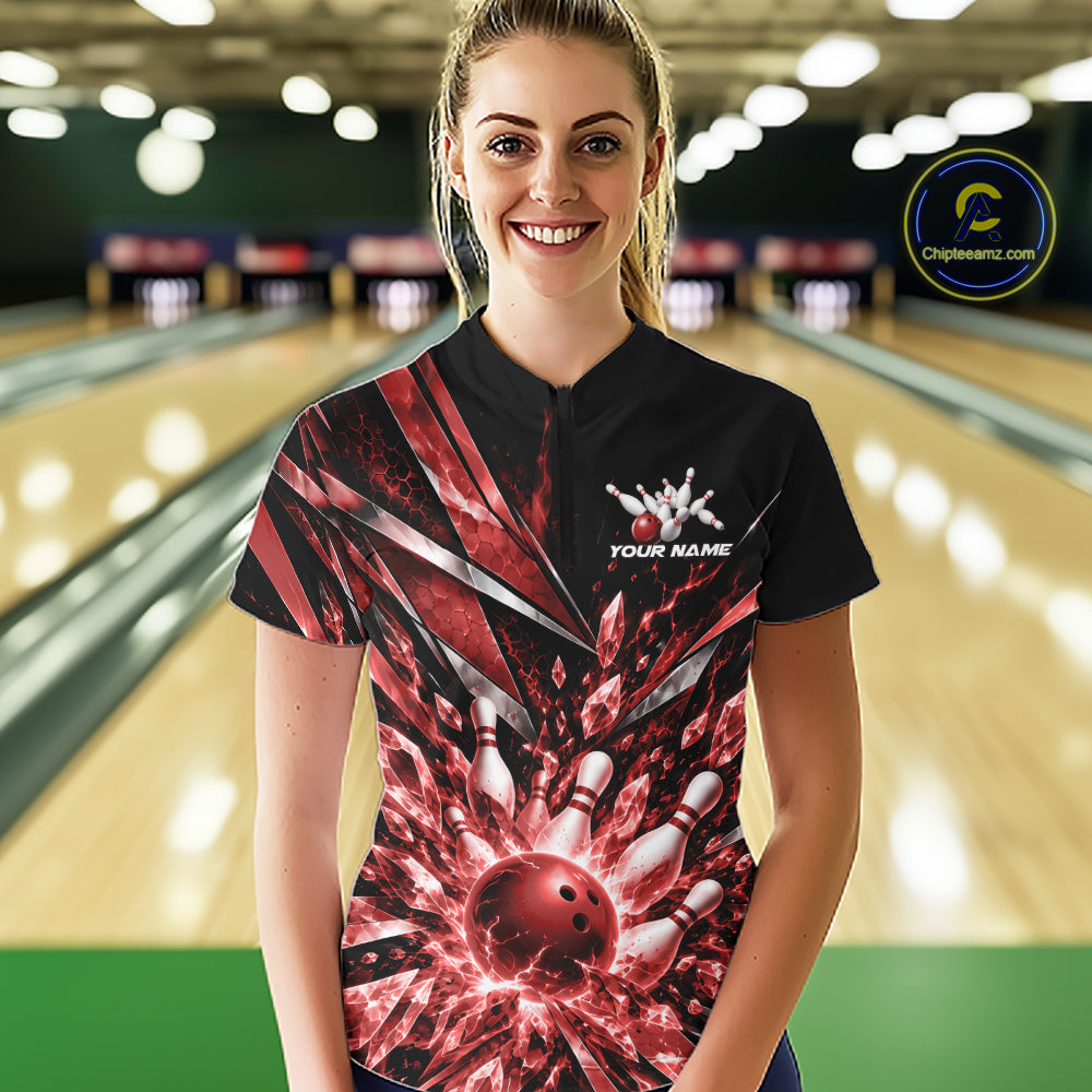 Custom Red Icy Crystal Bowling Women Shirt, Ice Bowling Team Jersey Bowler Outfit IPHW12393