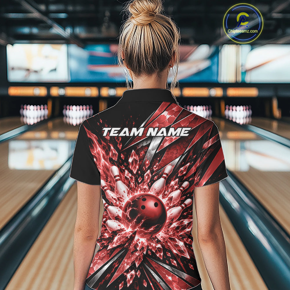 Custom Red Icy Crystal Bowling Women Shirt, Ice Bowling Team Jersey Bowler Outfit IPHW12393