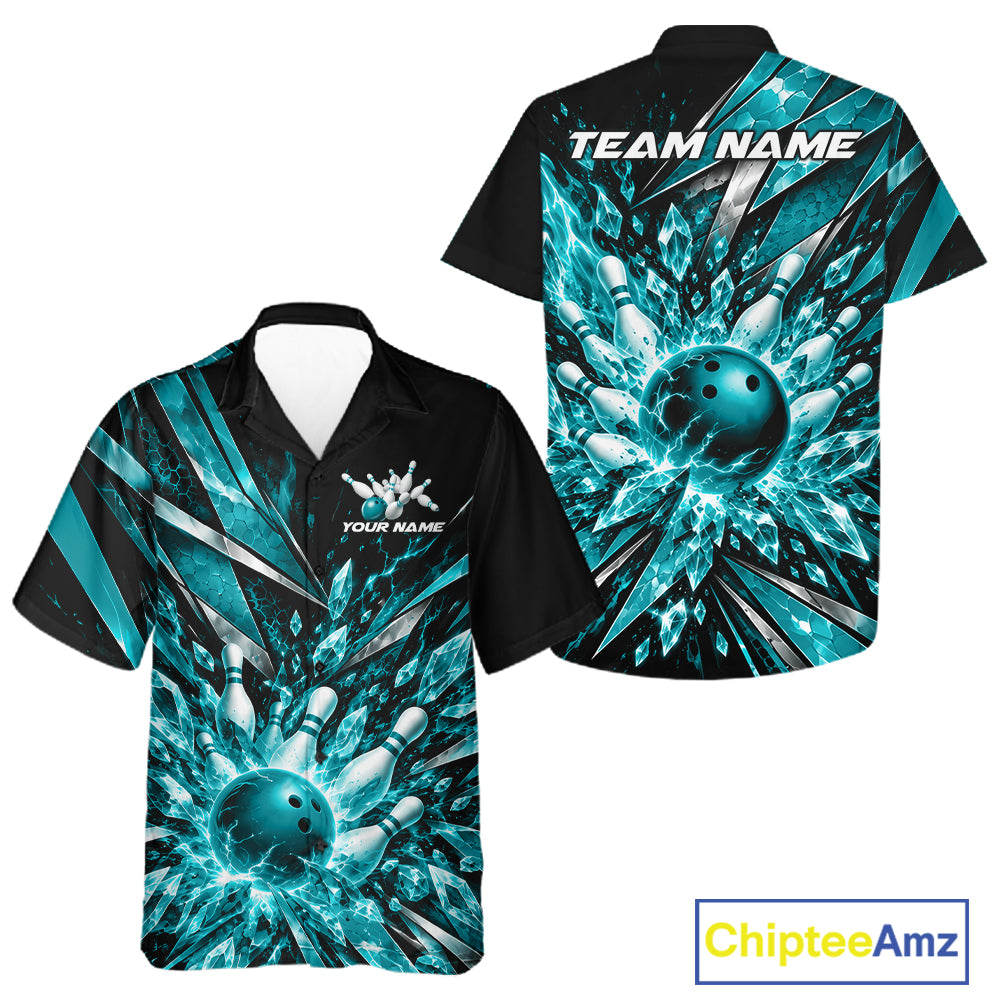 Custom Teal Blue Icy Crystal Bowling Men And Women Button Up Shirt, Bowling Team Jersey Bowler Outfit IPHW12394