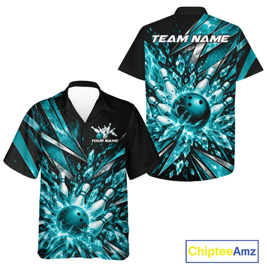 Custom Teal Blue Icy Crystal Bowling Men And Women Button Up Shirt, Bowling Team Jersey Bowler Outfit IPHW12394