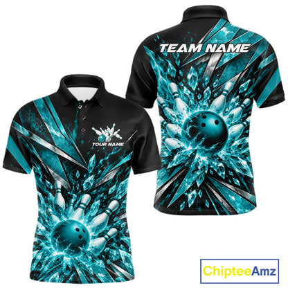 Custom Teal Blue Icy Crystal Bowling Men Polo Shirt, Bowling Team Jersey Bowler Outfit IPHW12394
