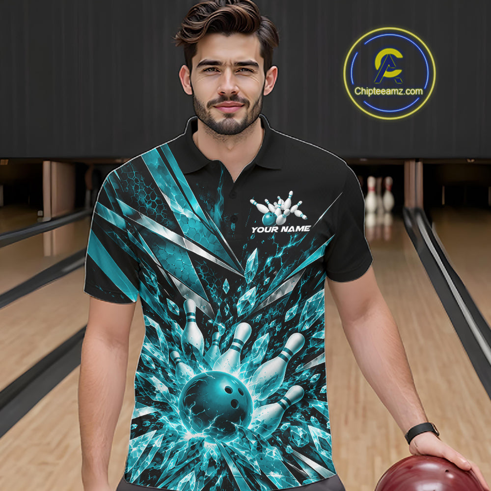 Custom Teal Blue Icy Crystal Bowling Men Polo Shirt, Bowling Team Jersey Bowler Outfit IPHW12394
