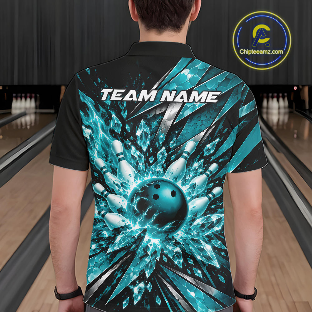 Custom Teal Blue Icy Crystal Bowling Men Polo Shirt, Bowling Team Jersey Bowler Outfit IPHW12394