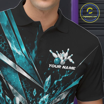 Custom Teal Blue Icy Crystal Bowling Men Polo Shirt, Bowling Team Jersey Bowler Outfit IPHW12394