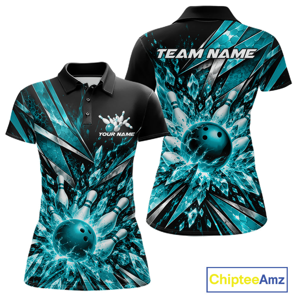 Custom Teal Blue Icy Crystal Bowling Women Polo Shirt, Bowling Team Jersey Bowler Outfit IPHW12394