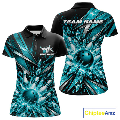 Custom Teal Blue Icy Crystal Bowling Women Polo Shirt, Bowling Team Jersey Bowler Outfit IPHW12394