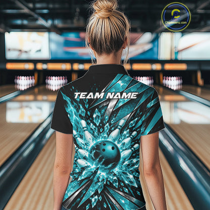 Custom Teal Blue Icy Crystal Bowling Women Polo Shirt, Bowling Team Jersey Bowler Outfit IPHW12394