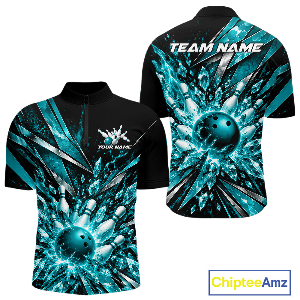 Custom Teal Blue Icy Crystal Bowling Men Quarter Zip Shirt, Bowling Team Jersey Bowler Outfit IPHW12394