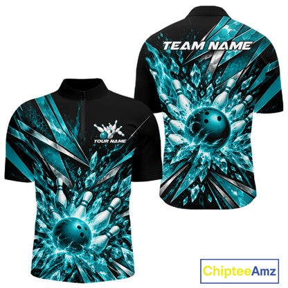 Custom Teal Blue Icy Crystal Bowling Men Quarter Zip Shirt, Bowling Team Jersey Bowler Outfit IPHW12394