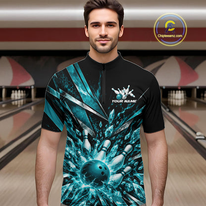 Custom Teal Blue Icy Crystal Bowling Men Quarter Zip Shirt, Bowling Team Jersey Bowler Outfit IPHW12394