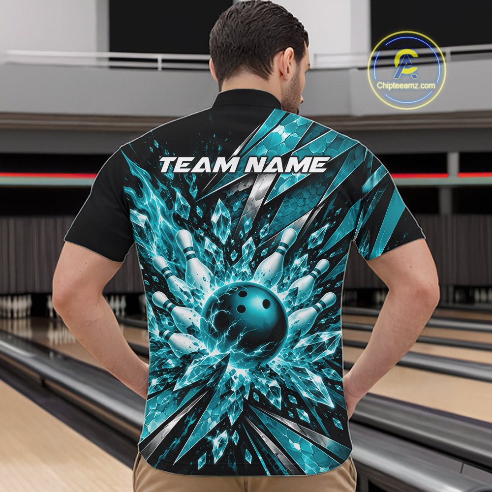 Custom Teal Blue Icy Crystal Bowling Men Quarter Zip Shirt, Bowling Team Jersey Bowler Outfit IPHW12394