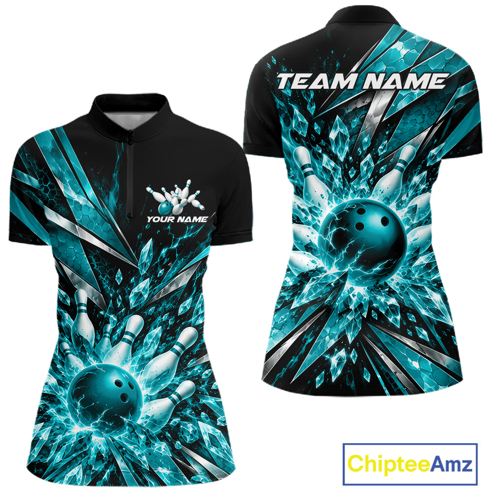 Custom Teal Blue Icy Crystal Bowling Women Shirt, Bowling Team Jersey Bowler Outfit IPHW12394