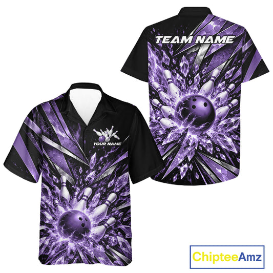 Custom Purple Icy Crystal Bowling Men And Women Button Up Shirt, Ice Bowling Team Jersey Bowler Outfit IPHW12395