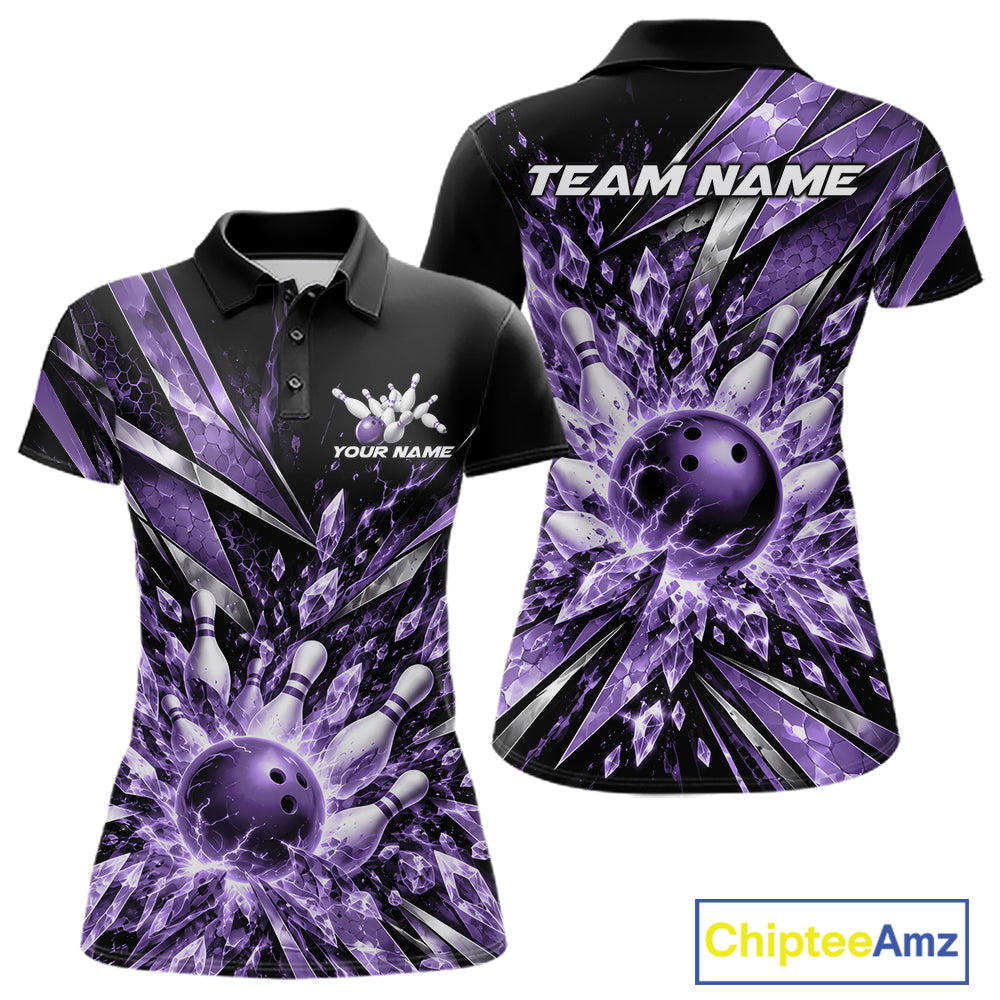 Custom Purple Icy Crystal Bowling Women Polo Shirt, Ice Bowling Team Jersey Bowler Outfit IPHW12395