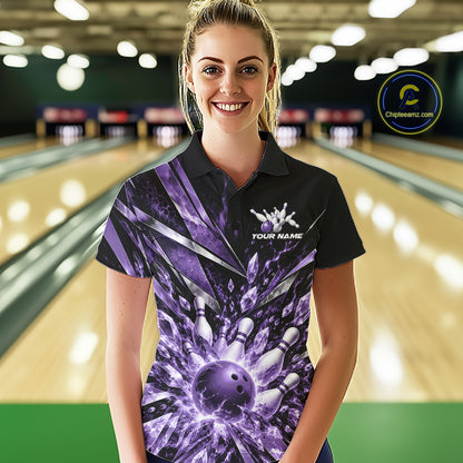 Custom Purple Icy Crystal Bowling Women Polo Shirt, Ice Bowling Team Jersey Bowler Outfit IPHW12395