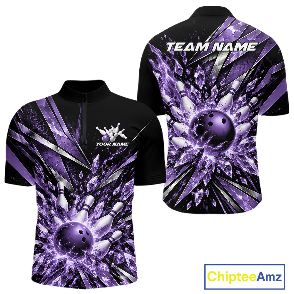 Custom Purple Icy Crystal Bowling Men Quarter Zip Shirt, Ice Bowling Team Jersey Bowler Outfit IPHW12395
