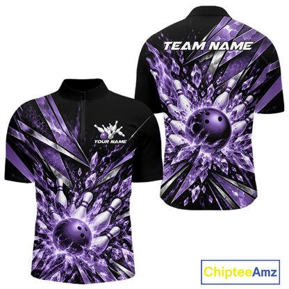 Custom Purple Icy Crystal Bowling Men Quarter Zip Shirt, Ice Bowling Team Jersey Bowler Outfit IPHW12395