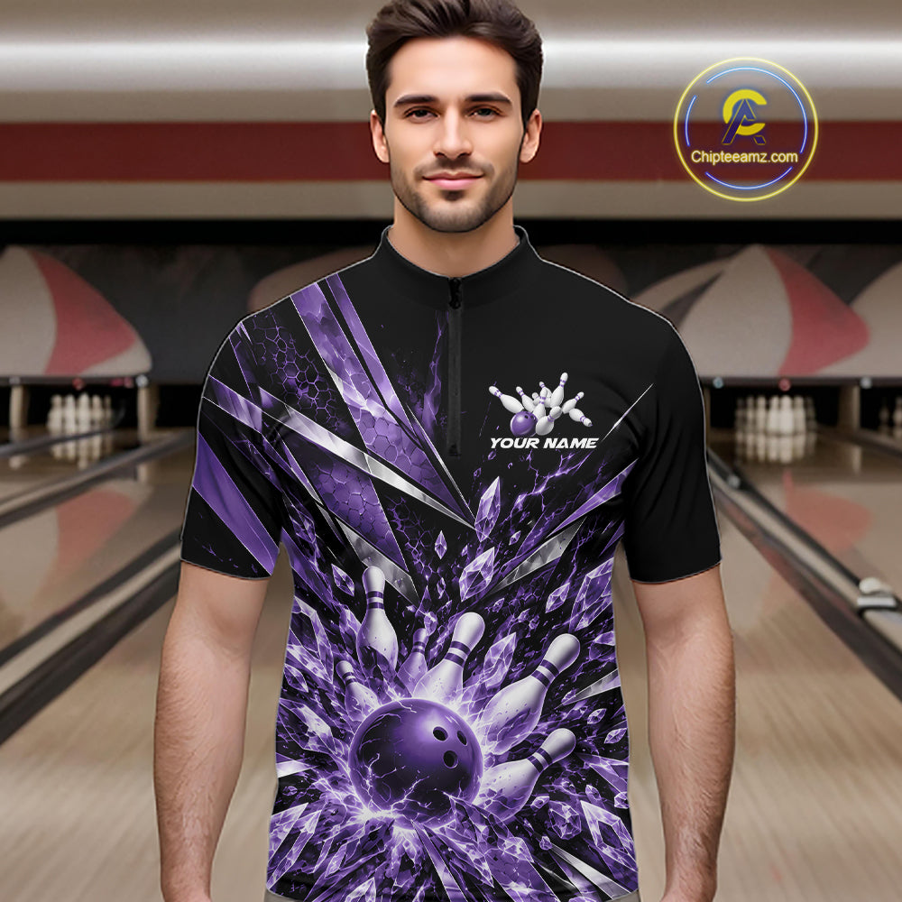 Custom Purple Icy Crystal Bowling Men Quarter Zip Shirt, Ice Bowling Team Jersey Bowler Outfit IPHW12395