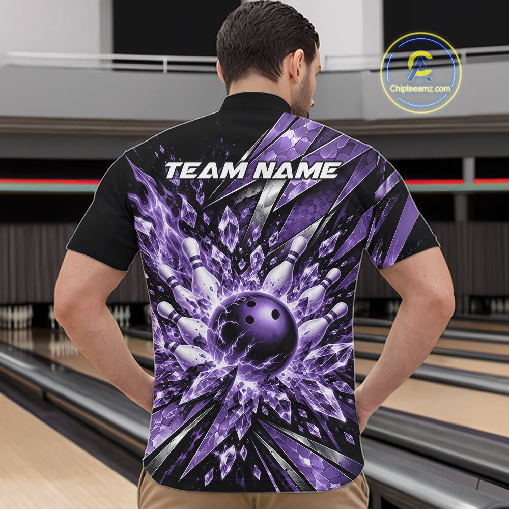 Custom Purple Icy Crystal Bowling Men Quarter Zip Shirt, Ice Bowling Team Jersey Bowler Outfit IPHW12395