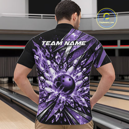 Custom Purple Icy Crystal Bowling Men Quarter Zip Shirt, Ice Bowling Team Jersey Bowler Outfit IPHW12395
