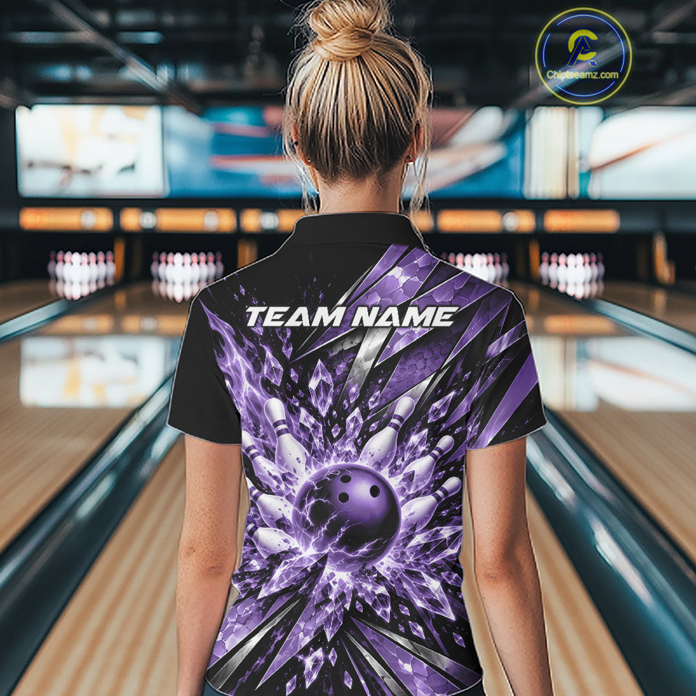 Custom Purple Icy Crystal Bowling Women Shirt, Ice Bowling Team Jersey Bowler Outfit IPHW12395