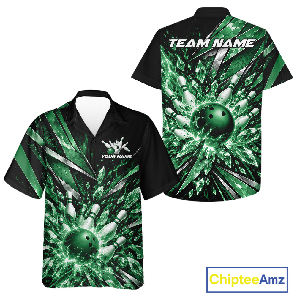 Custom Green Icy Crystal Bowling Men And Women Button Up Shirt, Ice Bowling Team Jersey Bowler Outfit IPHW12396