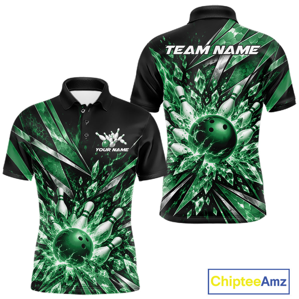 Custom Green Icy Crystal Bowling Men Polo Shirt, Ice Bowling Team Jersey Bowler Outfit IPHW12396