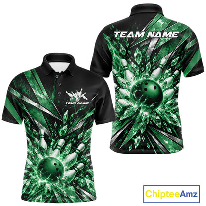 Custom Green Icy Crystal Bowling Men Polo Shirt, Ice Bowling Team Jersey Bowler Outfit IPHW12396