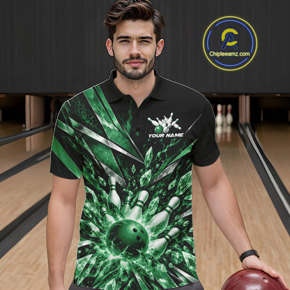 Custom Green Icy Crystal Bowling Men Polo Shirt, Ice Bowling Team Jersey Bowler Outfit IPHW12396