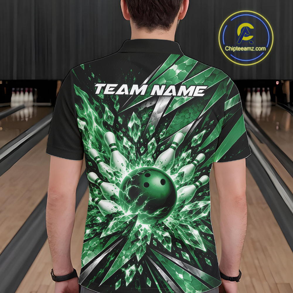 Custom Green Icy Crystal Bowling Men Polo Shirt, Ice Bowling Team Jersey Bowler Outfit IPHW12396