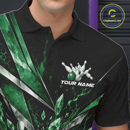 Custom Green Icy Crystal Bowling Men Polo Shirt, Ice Bowling Team Jersey Bowler Outfit IPHW12396