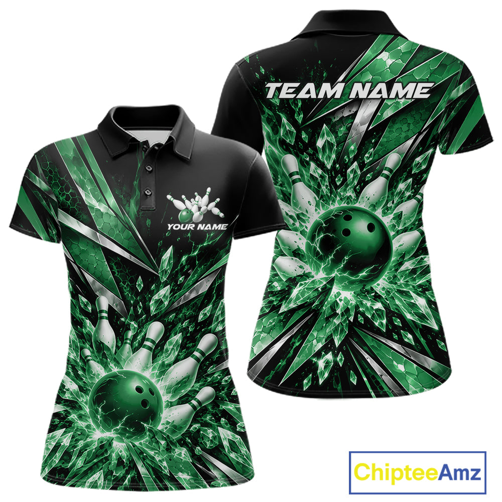 Custom Green Icy Crystal Bowling Women Polo Shirt, Ice Bowling Team Jersey Bowler Outfit IPHW12396