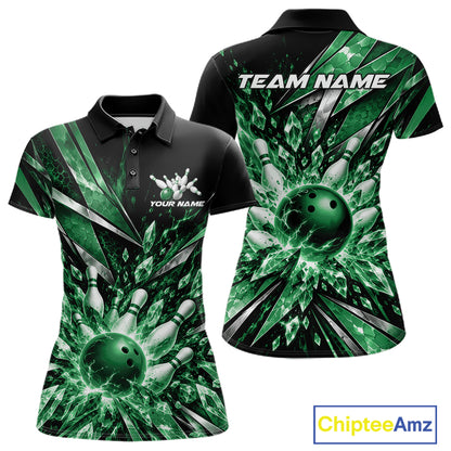 Custom Green Icy Crystal Bowling Women Polo Shirt, Ice Bowling Team Jersey Bowler Outfit IPHW12396