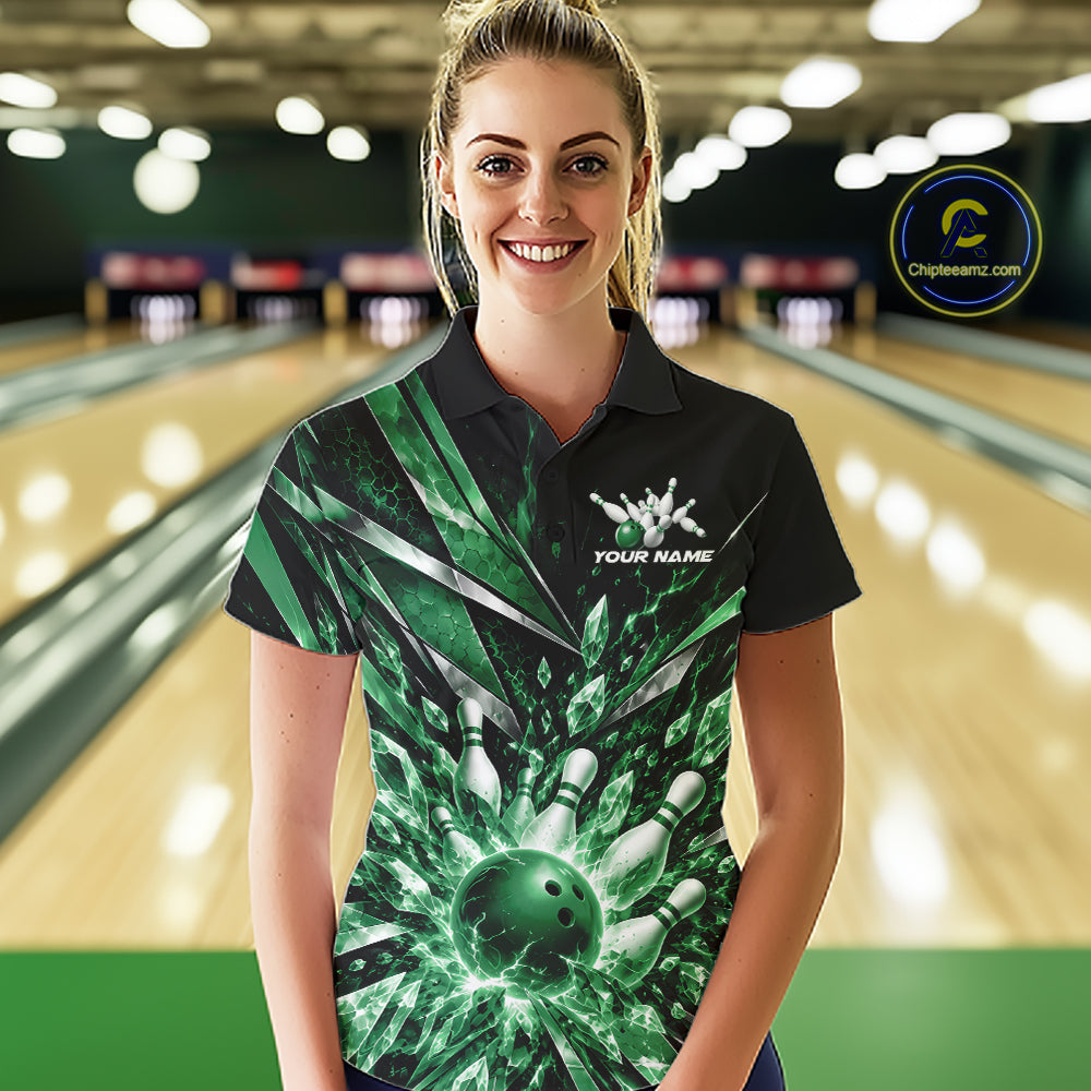 Custom Green Icy Crystal Bowling Women Polo Shirt, Ice Bowling Team Jersey Bowler Outfit IPHW12396