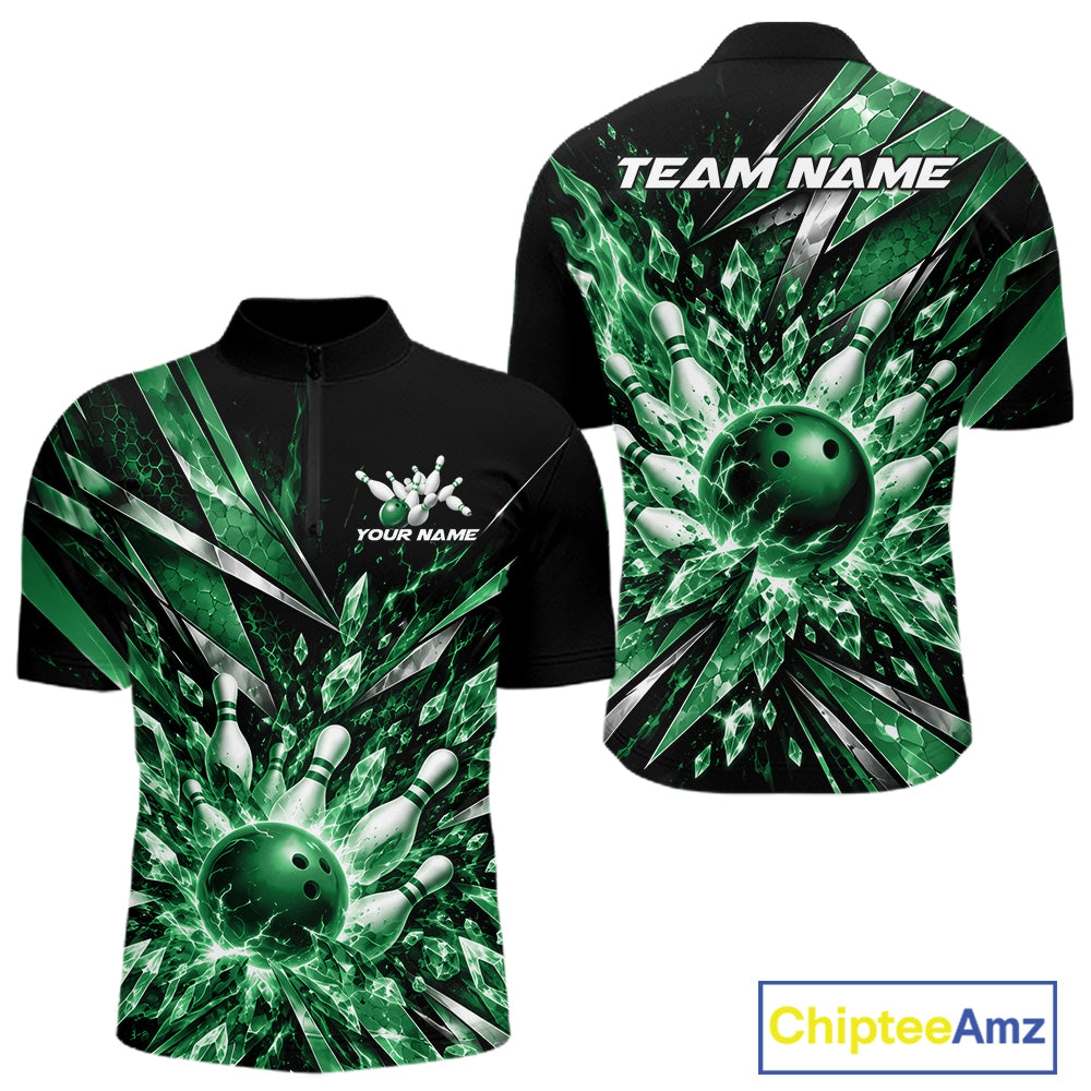 Custom Green Icy Crystal Bowling Men Quarter Zip Shirt, Ice Bowling Team Jersey Bowler Outfit IPHW12396
