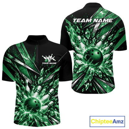 Custom Green Icy Crystal Bowling Men Quarter Zip Shirt, Ice Bowling Team Jersey Bowler Outfit IPHW12396