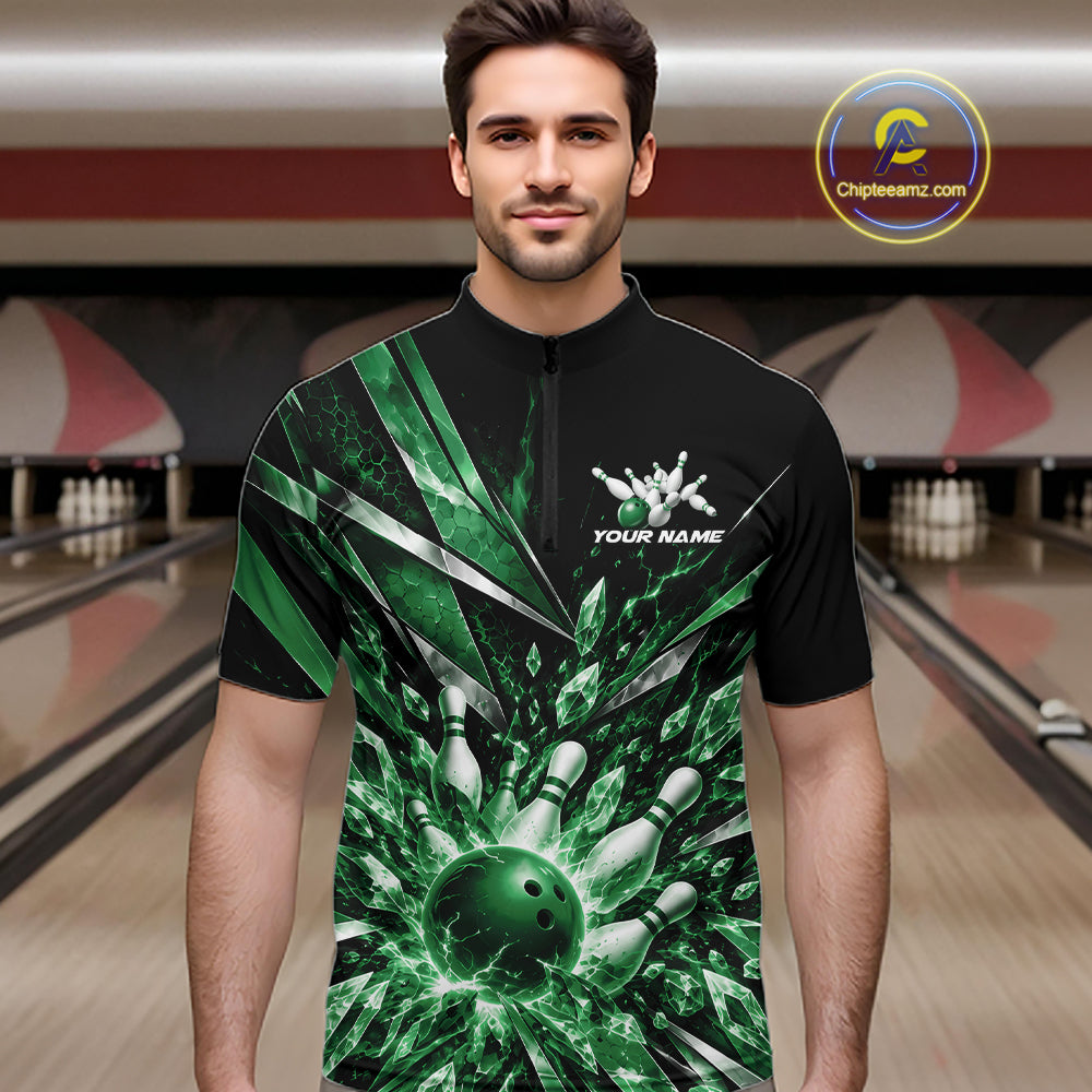 Custom Green Icy Crystal Bowling Men Quarter Zip Shirt, Ice Bowling Team Jersey Bowler Outfit IPHW12396