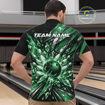 Custom Green Icy Crystal Bowling Men Quarter Zip Shirt, Ice Bowling Team Jersey Bowler Outfit IPHW12396
