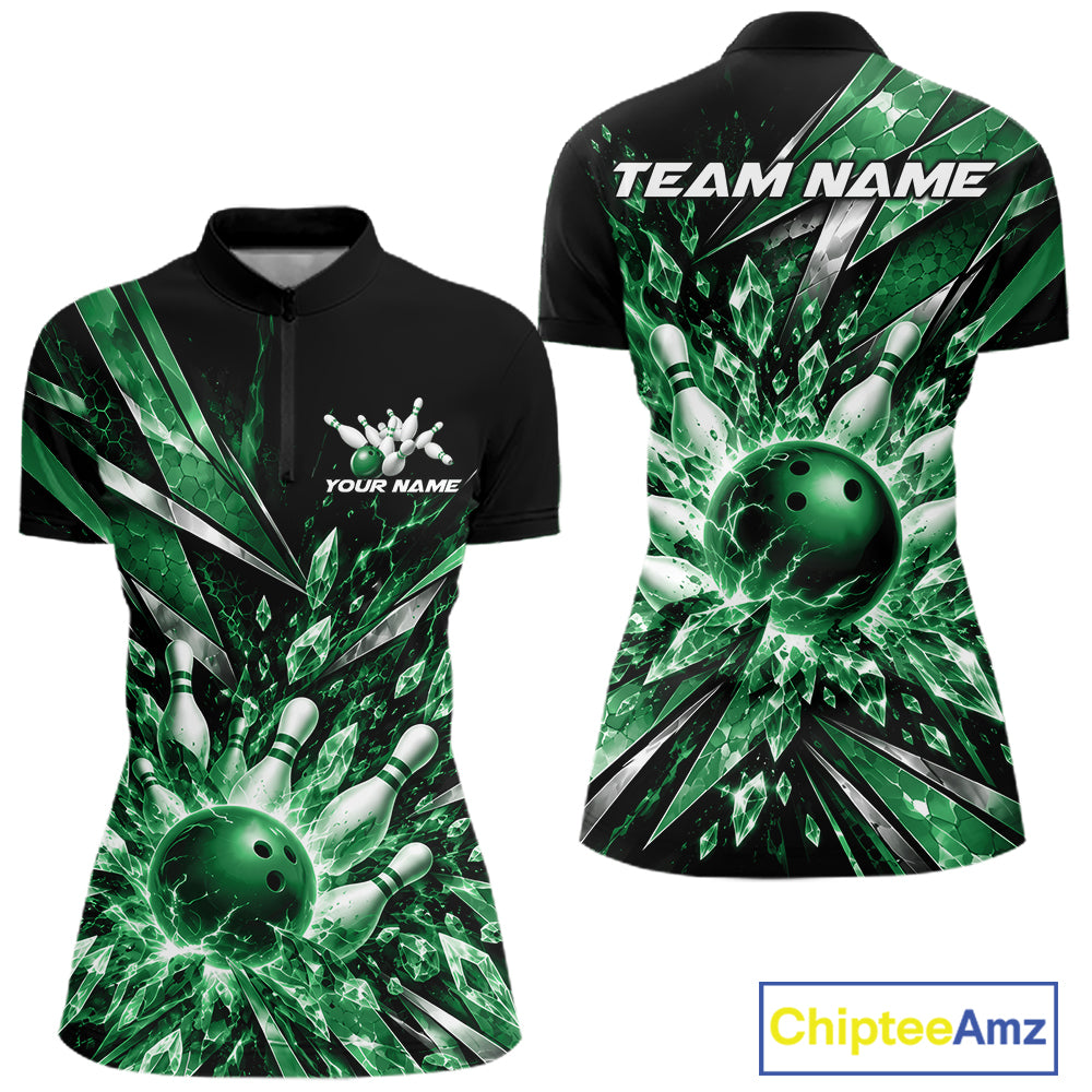 Custom Green Icy Crystal Bowling Women Shirt, Ice Bowling Team Jersey Bowler Outfit IPHW12396