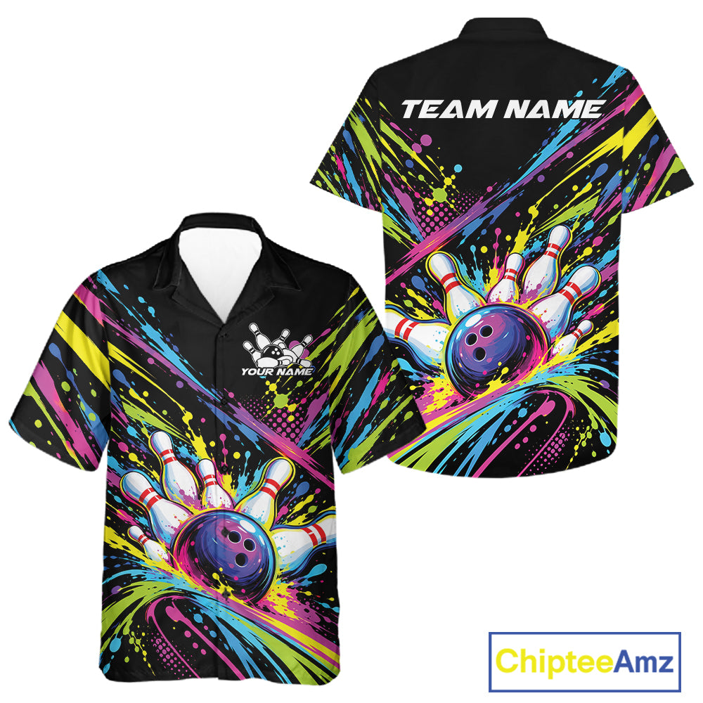 Custom Colorful Splatter Bowling Team Button Up Shirt For Men And Women, Bowling Tournament Jersey IPHW12401