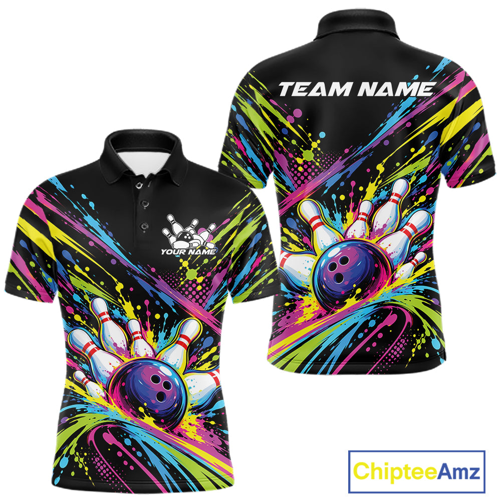 Custom Colorful Splatter Bowling Team Polo Shirt For Men, Bowling Tournament Jersey IPHW12401