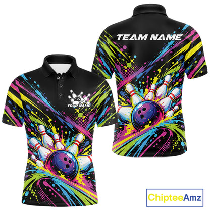 Custom Colorful Splatter Bowling Team Polo Shirt For Men, Bowling Tournament Jersey IPHW12401