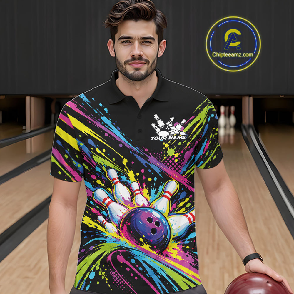 Custom Colorful Splatter Bowling Team Polo Shirt For Men, Bowling Tournament Jersey IPHW12401