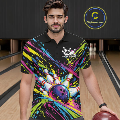 Custom Colorful Splatter Bowling Team Polo Shirt For Men, Bowling Tournament Jersey IPHW12401