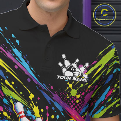 Custom Colorful Splatter Bowling Team Polo Shirt For Men, Bowling Tournament Jersey IPHW12401