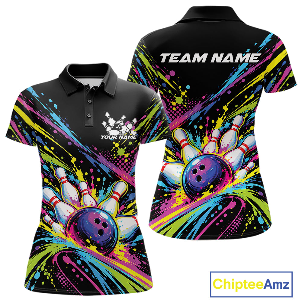 Custom Colorful Splatter Bowling Team Polo Shirt For Women, Bowling Tournament Jersey IPHW12401