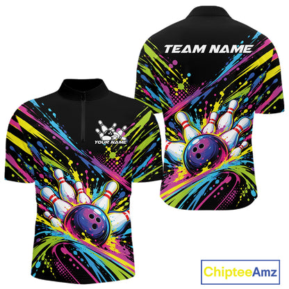 Custom Colorful Splatter Bowling Team Quarter Zip Shirt For Men, Bowling Tournament Jersey IPHW12401